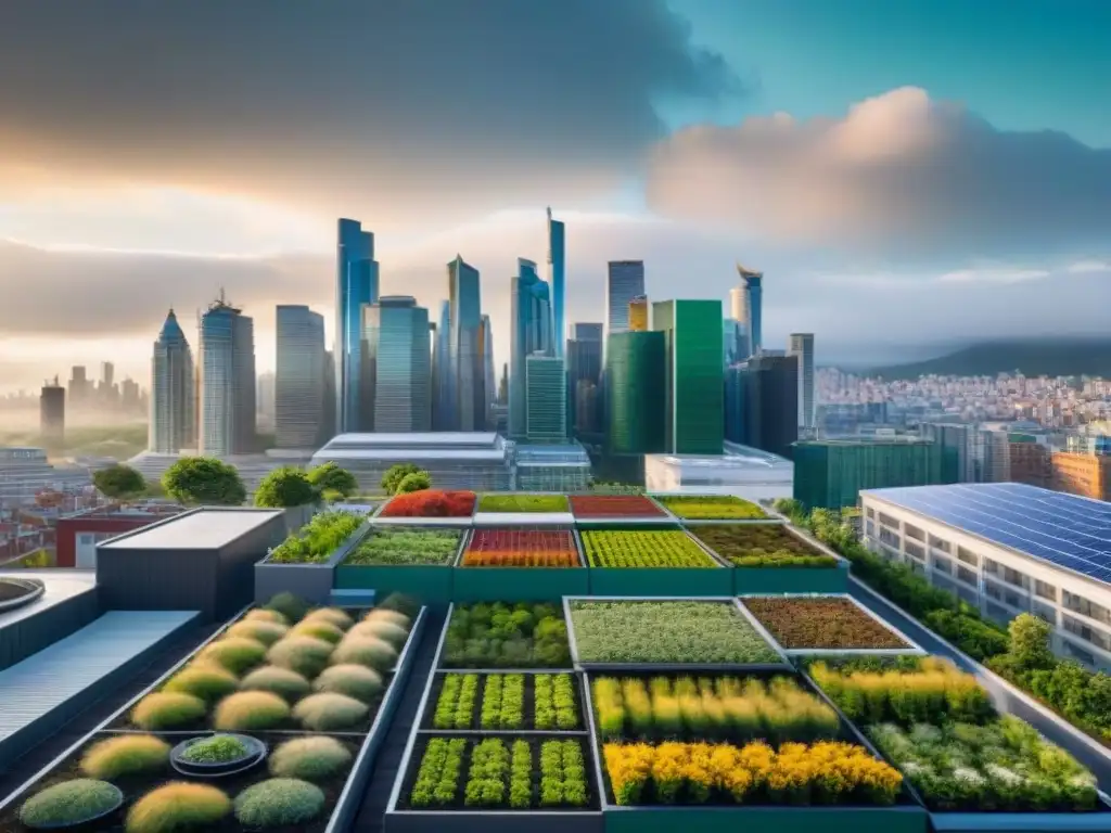 Un paisaje urbano moderno con techos verdes como solución sostenible