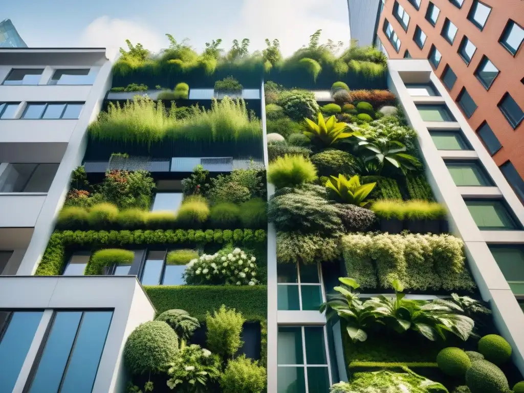 Un paisaje urbano moderno transformado por jardines verticales y techos verdes, reflejando el diseño biofílico en arquitectura sostenible