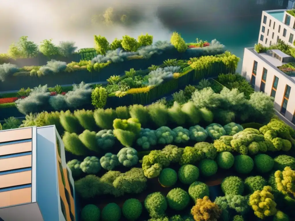 Un paisaje urbano vibrante con espacios verdes sostenibles integrados, mostrando arquitectura moderna y vegetación exuberante