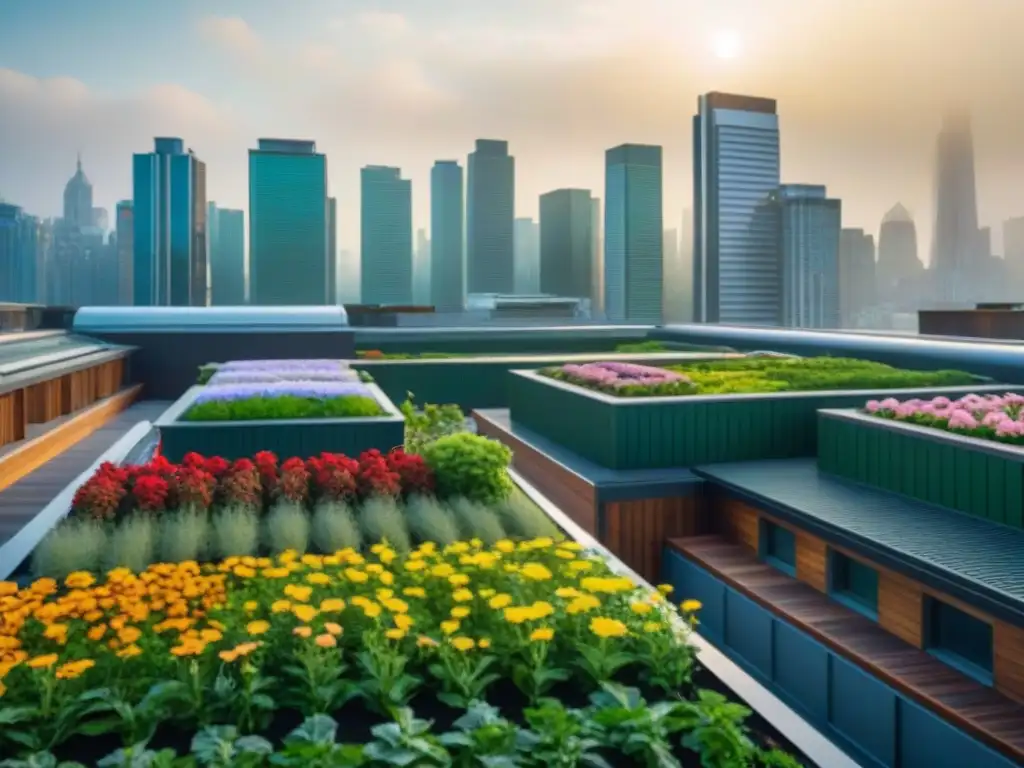 Un paisaje urbano vibrante con techos verdes que promueven eficiencia energética y biodiversidad, lleno de vida y color