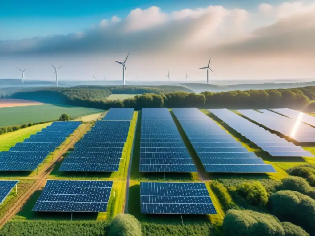 Un paisaje vibrante y panorámico de una granja moderna de paneles solares, con un bosque verde y un aerogenerador al fondo