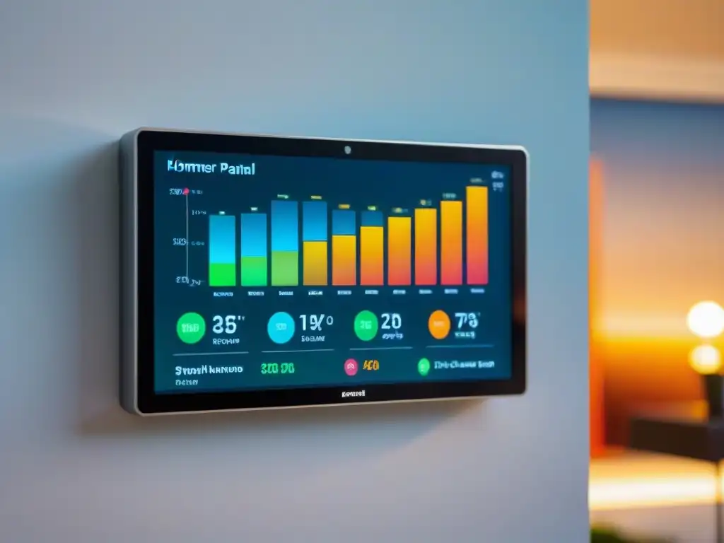 Panel de control de hogar inteligente mostrando datos de consumo de energía en tiempo real con gráficos coloridos