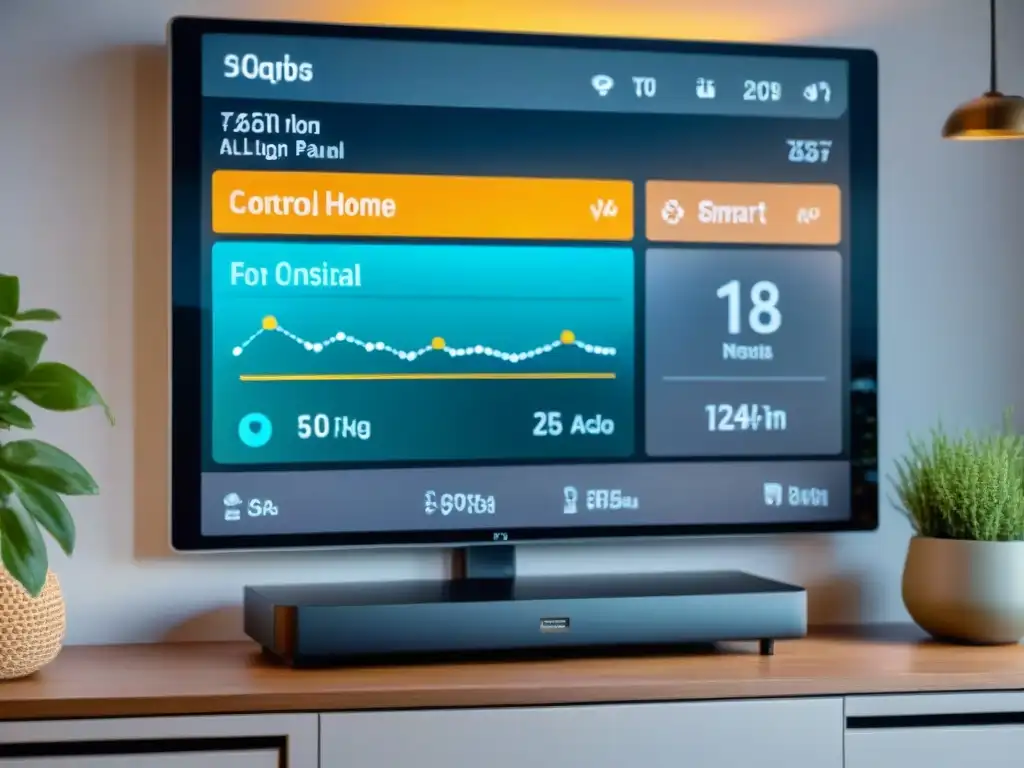 Panel de control inteligente mostrando datos de consumo y sugerencias de optimización, en un salón decorado con luz natural