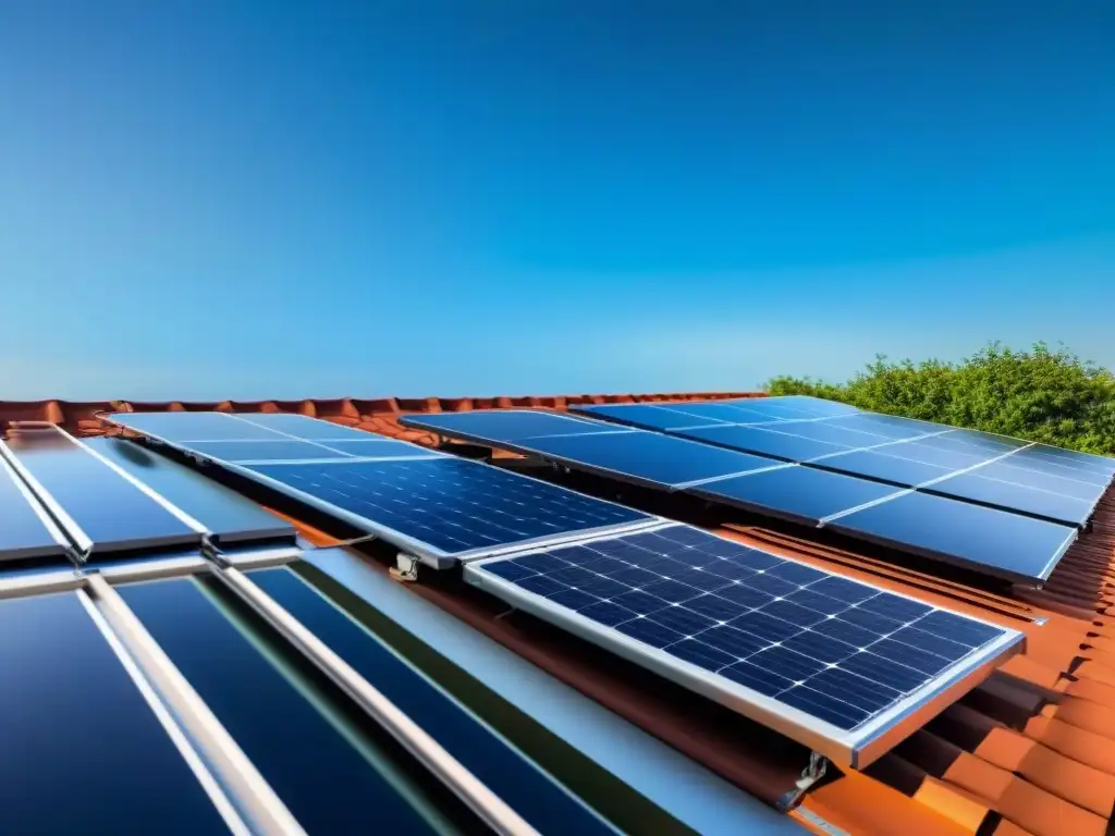 Panel solar de casa moderna capturando la luz del sol con cielo azul de fondo