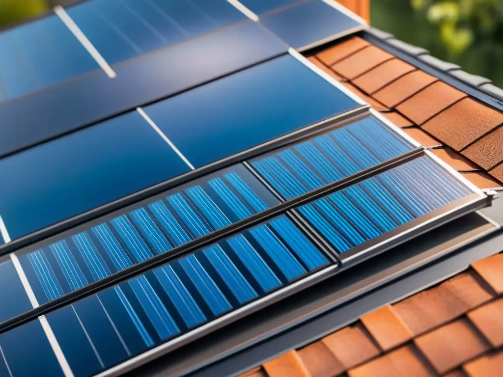 Un panel solar moderno instalado en un techo suburbano, resaltando la integración de energía renovable en la arquitectura