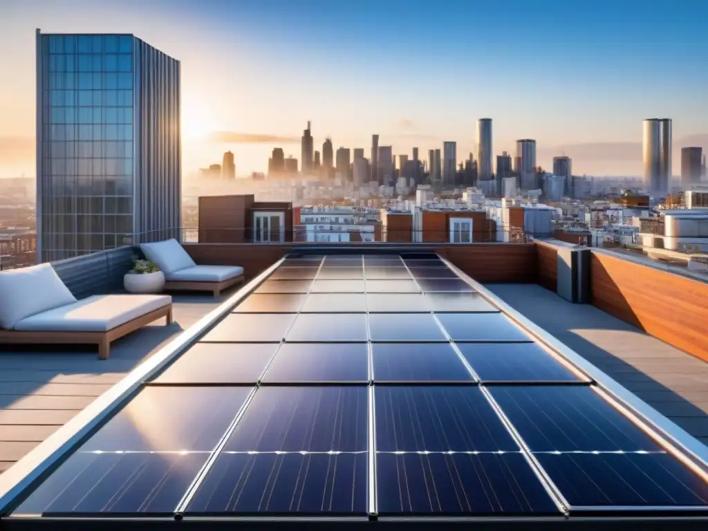 Paneles solares en arquitectura sostenible: Integración perfecta en un moderno tejado urbano, capturando la luz en la ciudad