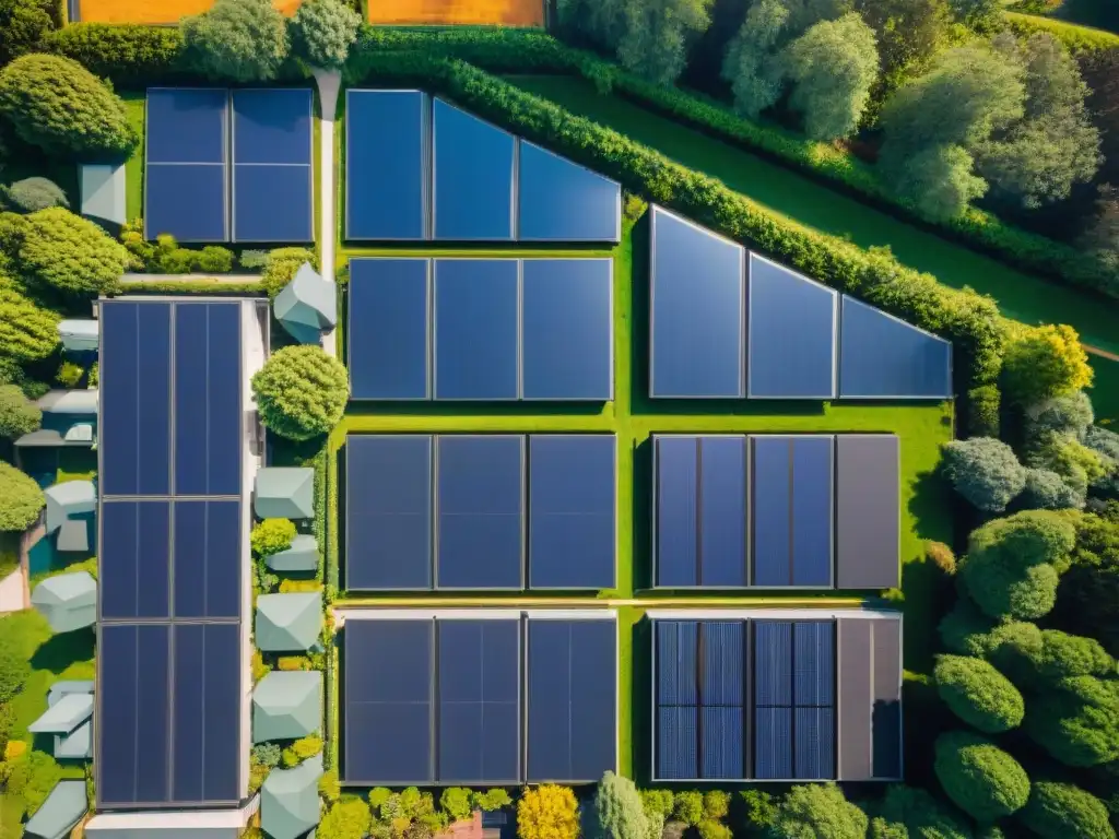 Paneles solares para autosuficiencia energética: Vecindario moderno con energía solar y jardines verdes, rodeado de bosques