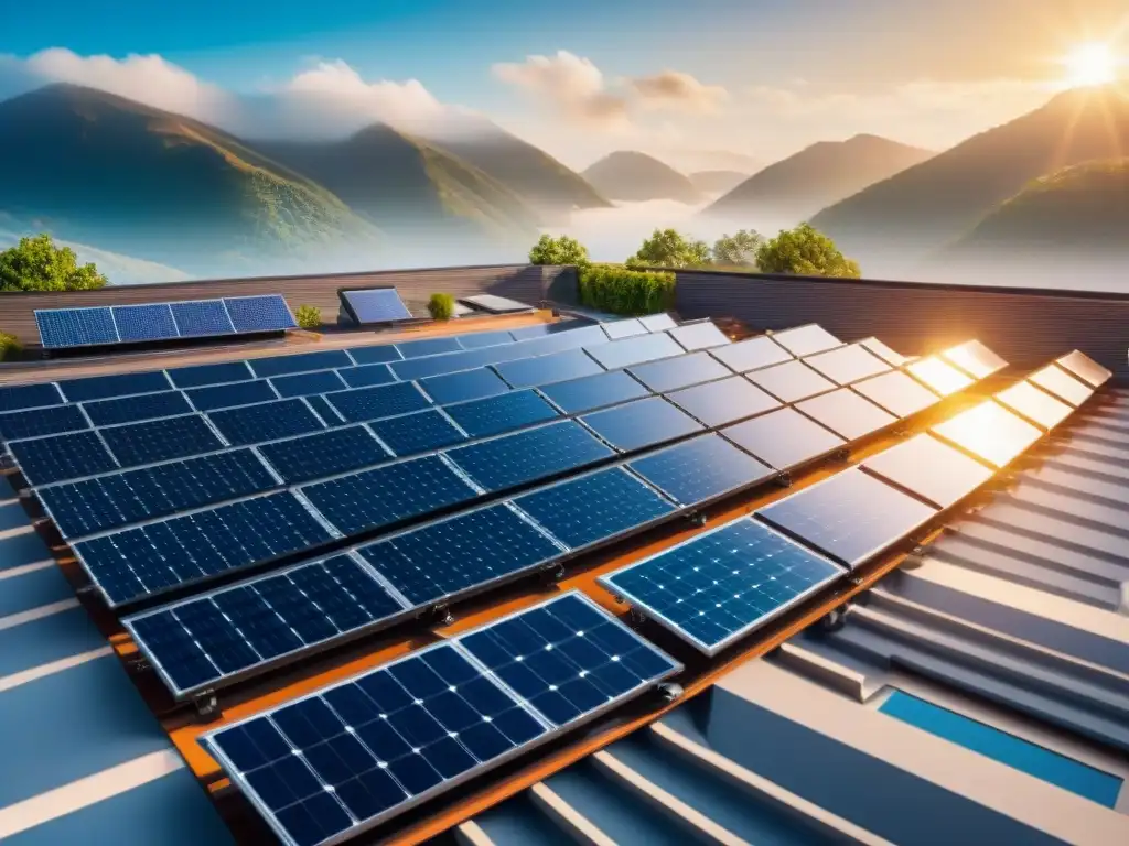 Paneles solares para autosuficiencia energética: Tejado residencial moderno con paneles solares relucientes bajo el sol brillante