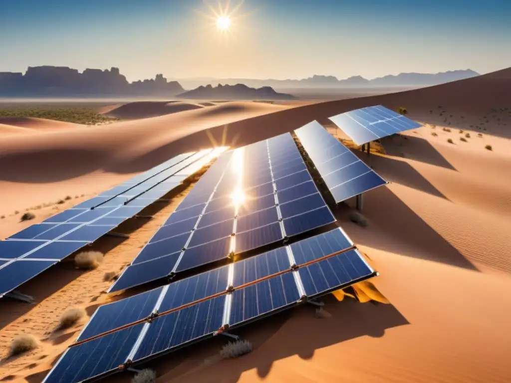 Paneles solares en un desierto, reflejando evolución tecnológica en climas extremos