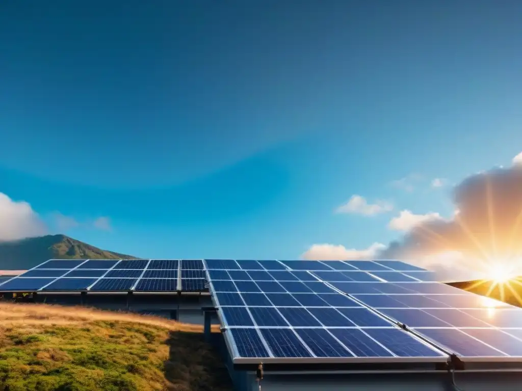 Paneles solares en edificio moderno, con brillo dorado del sol