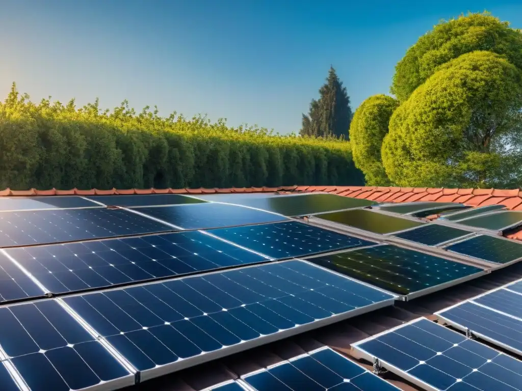 Paneles solares en moderna casa suburbana rodeados de árboles