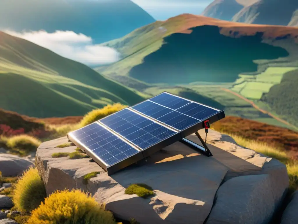 Paneles solares portátiles ecológicos desplegados en paisaje remoto, capturando tecnología innovadora y energía sostenible