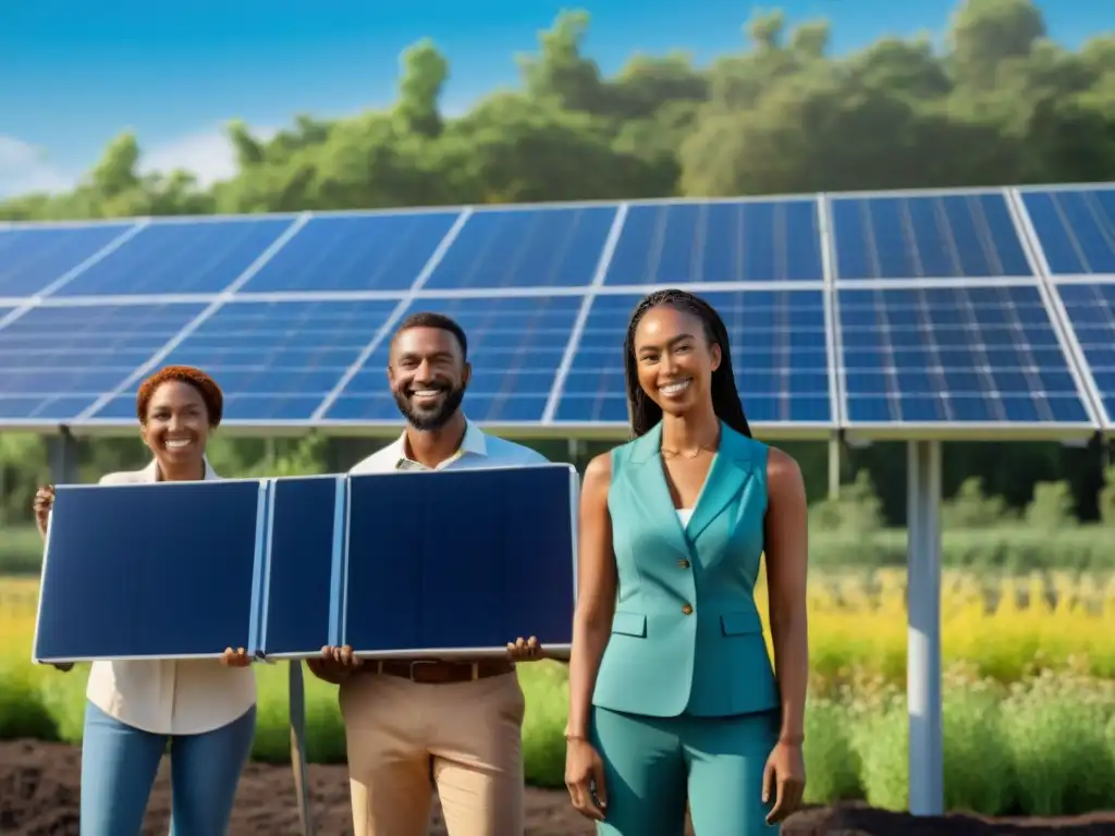 Invertir en paneles solares rentable: Comunidad diversa sonríe frente a instalación solar, bajo cielo azul y árboles verdes