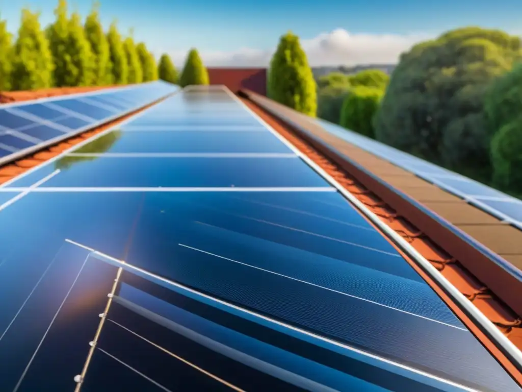 Invertir en paneles solares rentable: Detalle de paneles brillantes en tejado, reflejando luz solar con cielo azul y árboles verdes al fondo