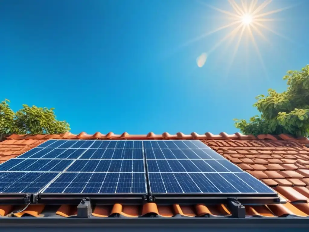 Invertir en paneles solares rentable: Tejado residencial con modernos paneles solares brillando al sol, sostenibilidad y tecnología ecofriendly