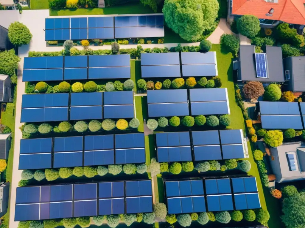 Invertir en paneles solares rentable: vecindario suburbano con techos solares modernos brillando bajo el sol, fusionando tradición y tecnología verde