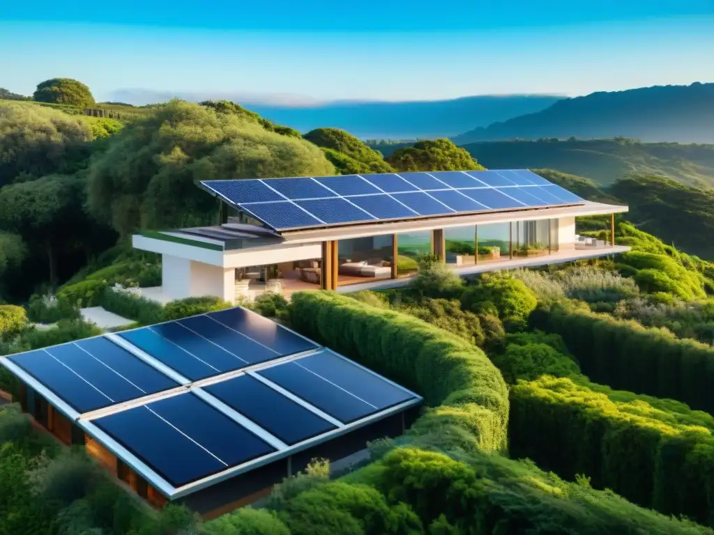 Casa ecológica con paneles solares, rodeada de vegetación y cielo azul