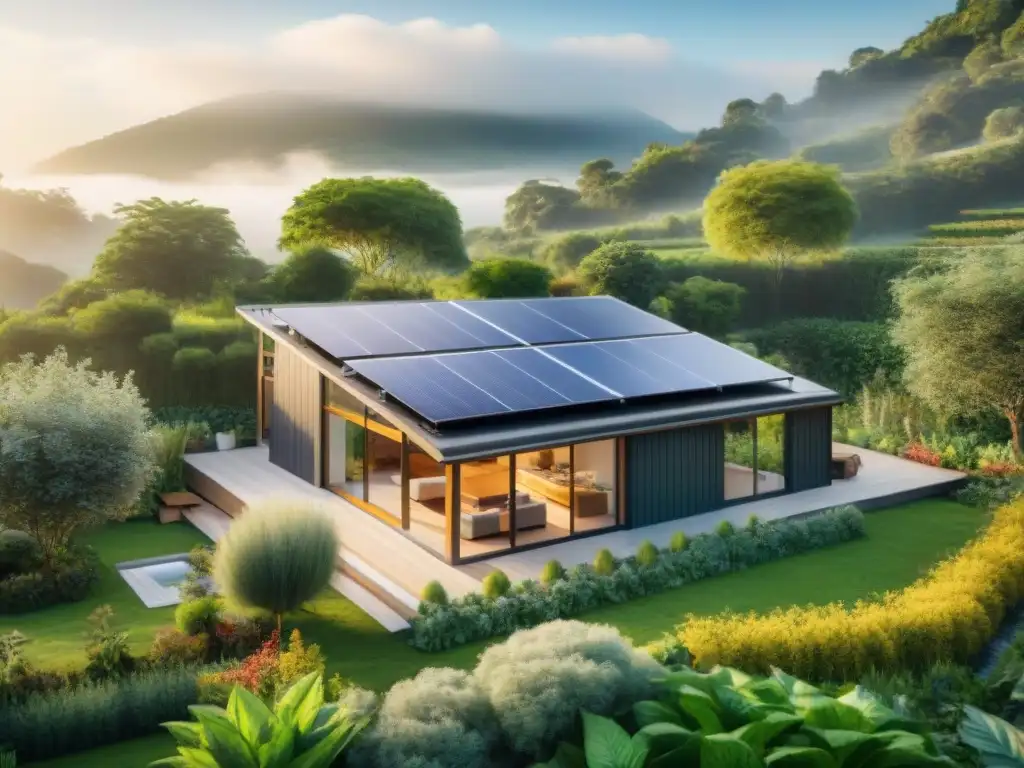 Casa ecológica con paneles solares, rodeada de vegetación, diseño sostenible y beneficios viviendas ecológicas diseño