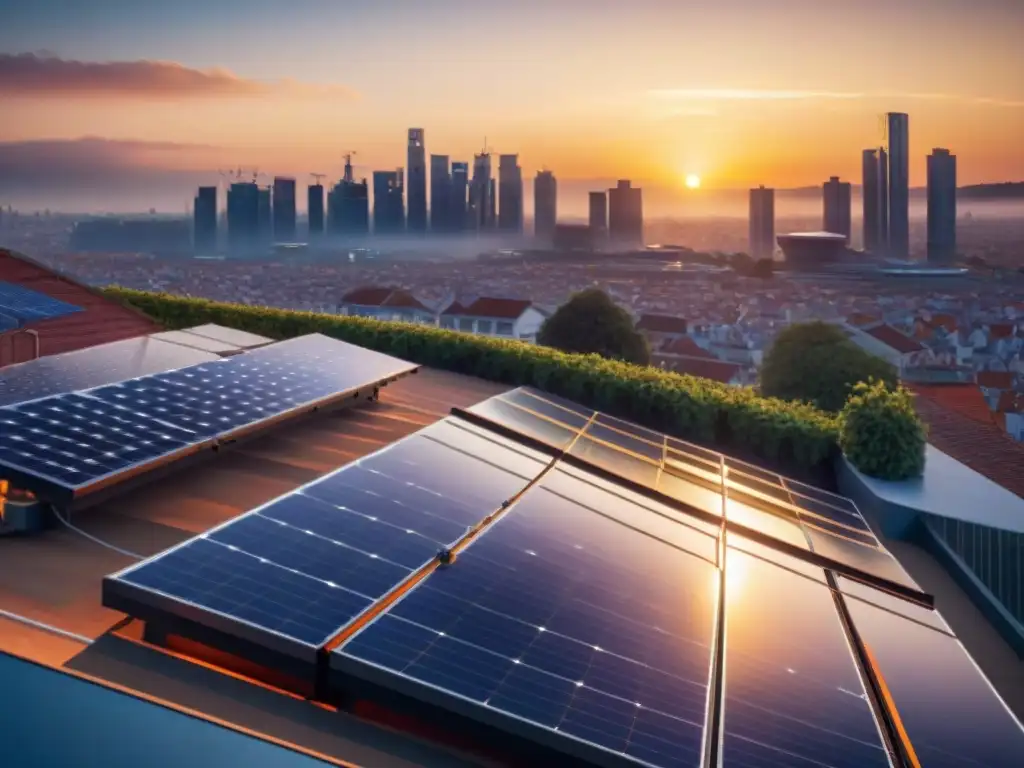 Paneles solares tecnología sostenible: Instalación futurista en un tejado al atardecer, integrada en la arquitectura urbana