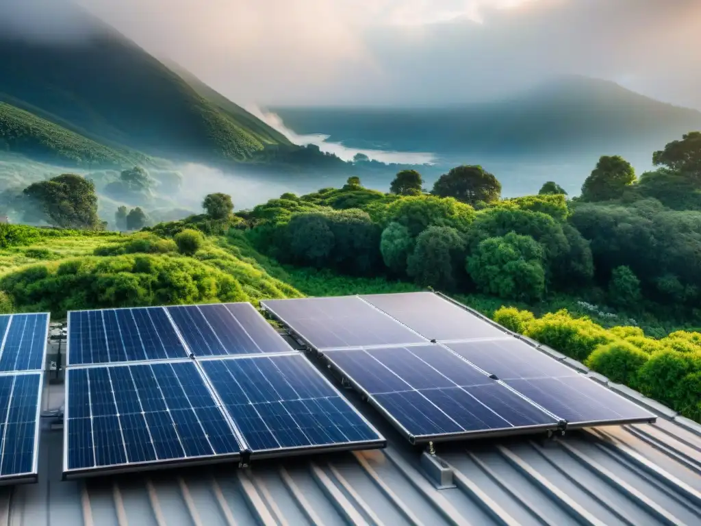 Paneles solares en techo moderno con vegetación, reflejando tecnología verde para hogar