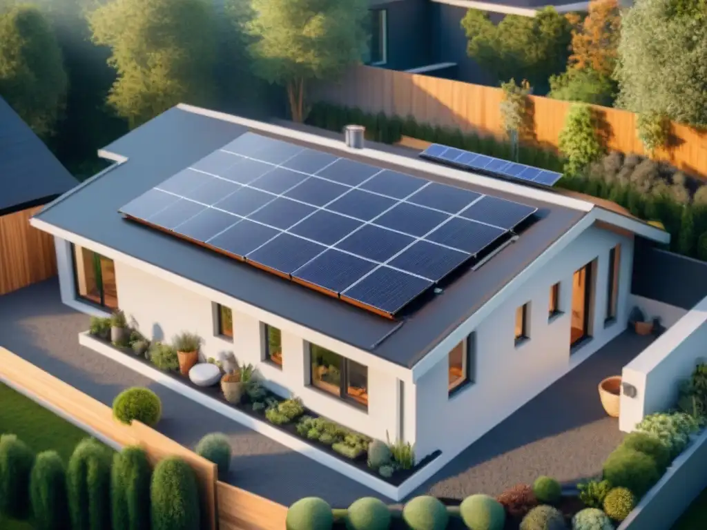 Renovación ecológica con paneles solares, ventanas eficientes y jardín verde