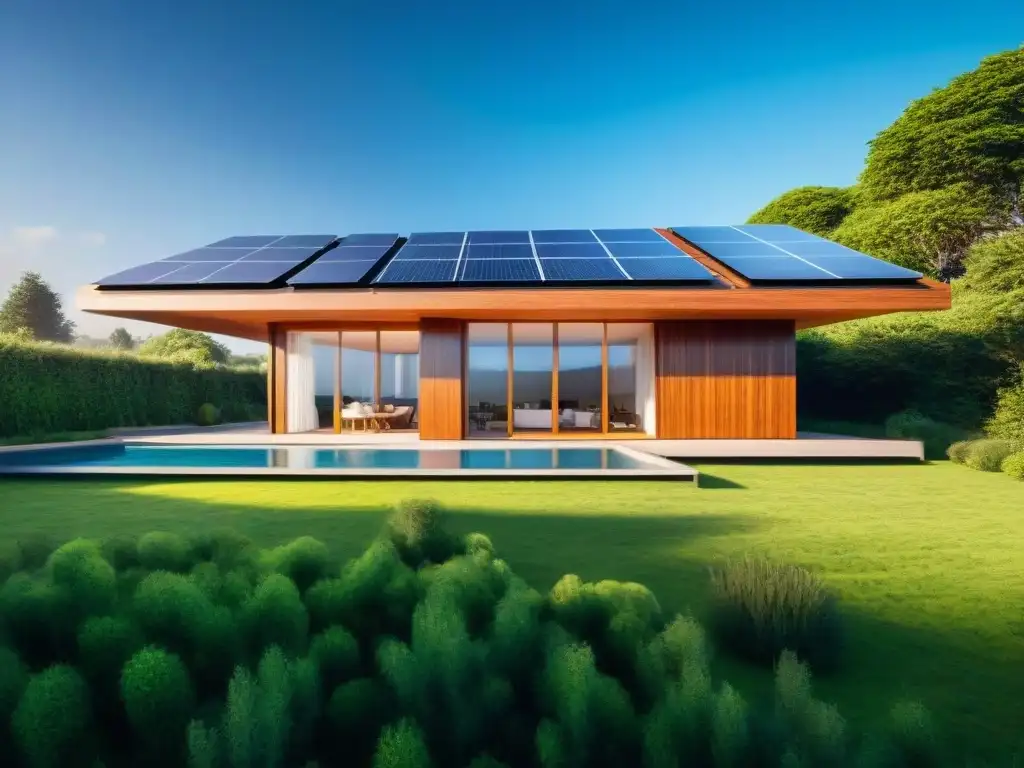 Casa ecológica con paneles solares, jardín verde y armonía con la naturaleza