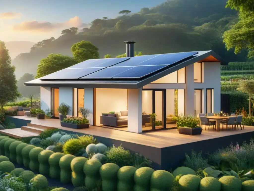 Casa ecológica con paneles solares, jardín verde y avances en aislamiento térmico ecológico