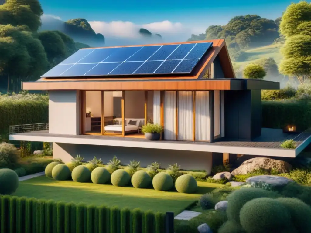 Casa ecológica con paneles solares, jardines verdes y sistemas sostenibles