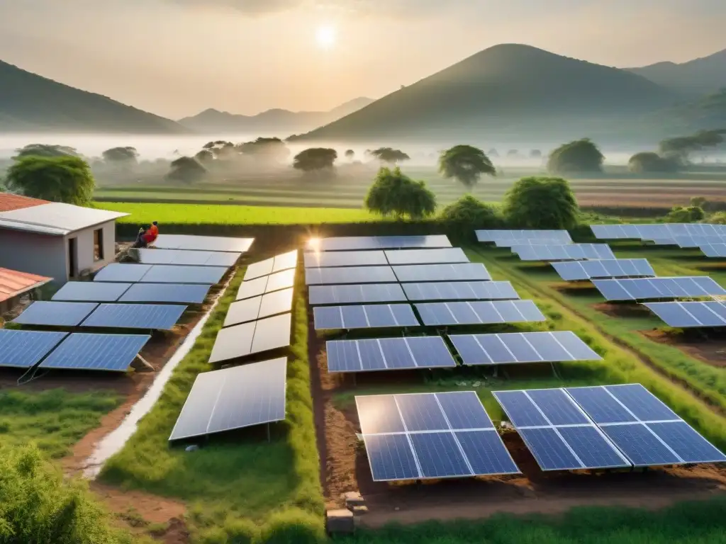 Paneles solares en zonas afectadas: Comunidad resiliente instala paneles solares tras desastre, bajo cálido atardecer