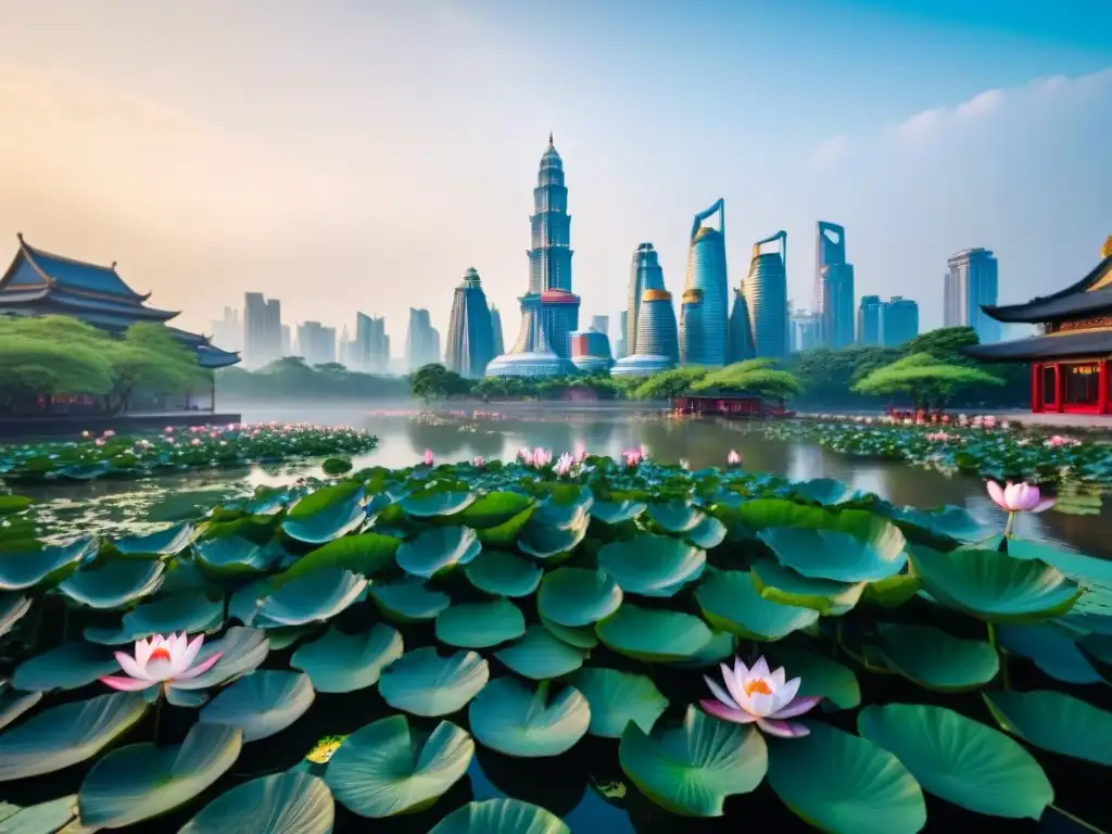 Panorama urbano en Asia con arquitectura verde y templo tradicional rodeado de vegetación exuberante y loto en flor