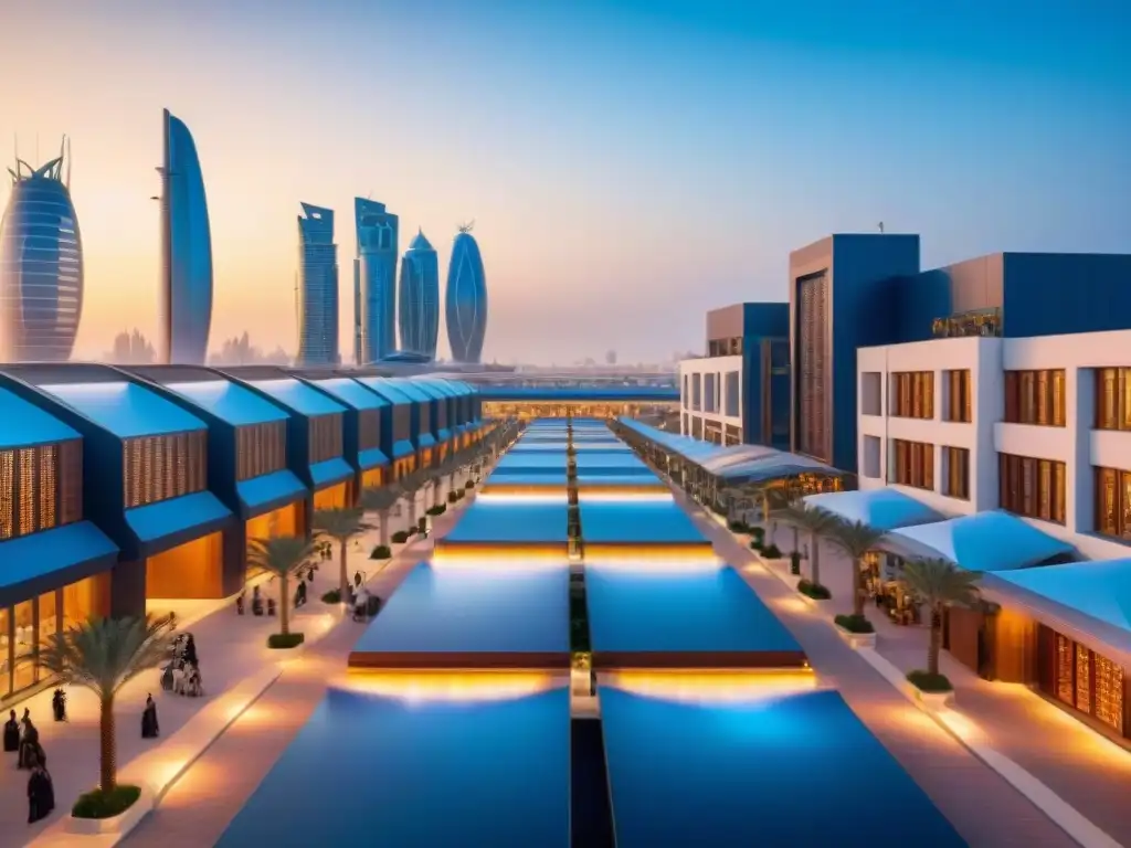 'Panorámica de ciudades sostenibles en Abu Dhabi: modernos edificios iluminados al atardecer, personas en actividades ecológicas