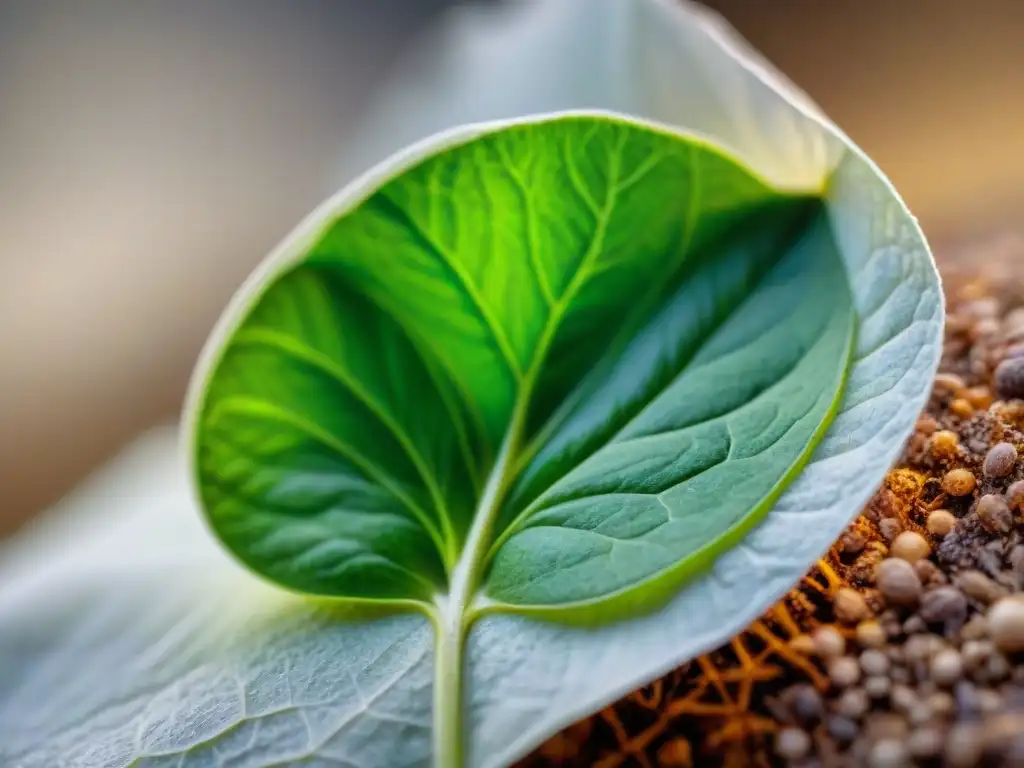 Papel semilla huella ecológica: Detalle de un brote verde emergiendo de papel semilla, simbolizando nueva vida y crecimiento