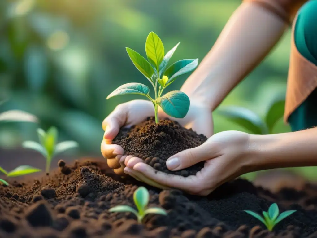 Un par de manos desgastadas plantan una plántula verde en suelo oscuro, rodeadas de plantas nativas en crecimiento