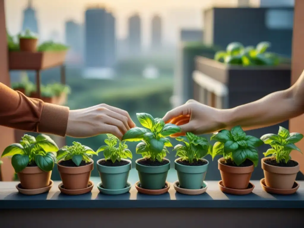 Un par de manos cuidando con esmero plantas de albahaca en terracota, en un balcón soleado de la ciudad