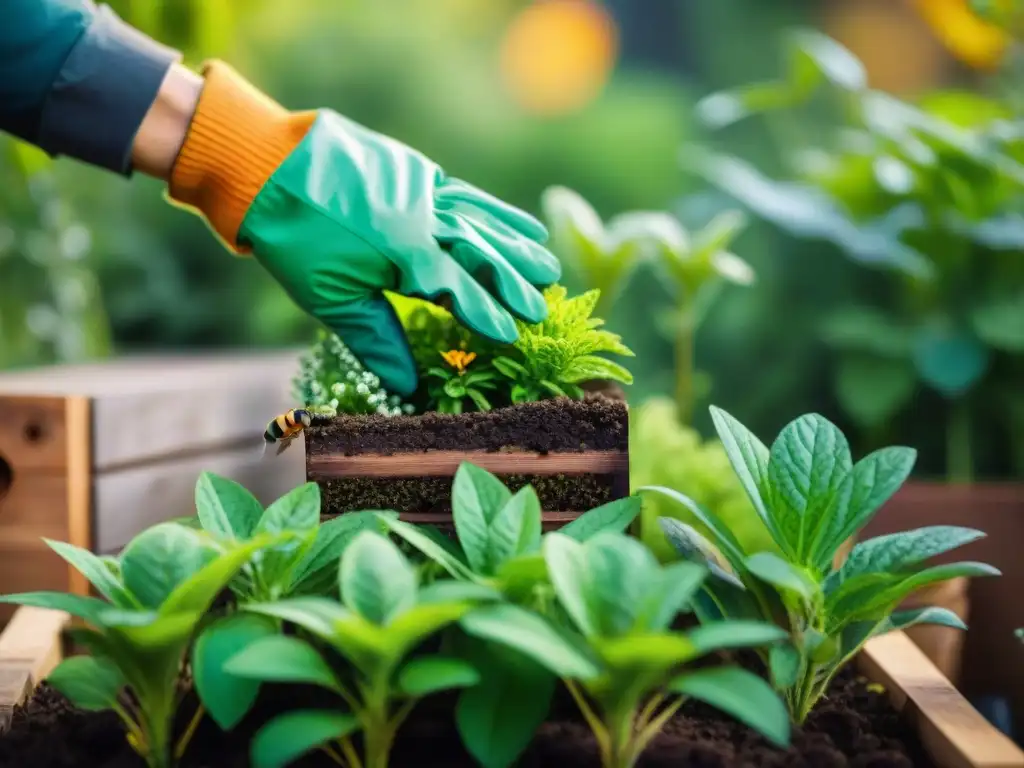 Un par de manos cuidadosamente podando plantas en un exuberante jardín sostenible