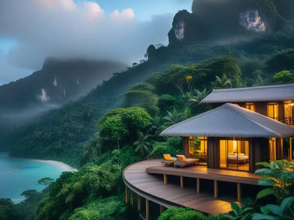 Un paraíso ecofriendly de lujo en la selva tropical con piscinas infinitas y bungalows de madera, perfecto para agencias de viajes sostenibles de lujo