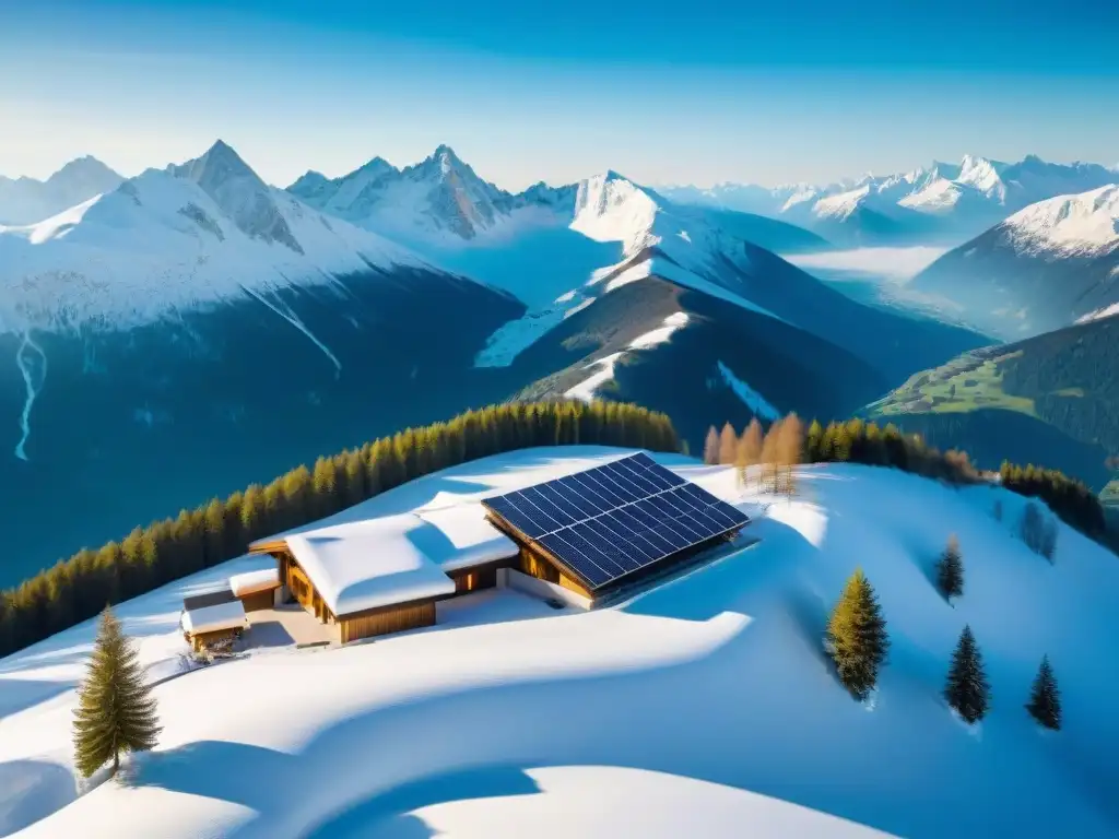 Un paraíso de esquí ecológico en los Alpes: paneles solares brillantes, turbinas eólicas girando y techos verdes integrados en la naturaleza