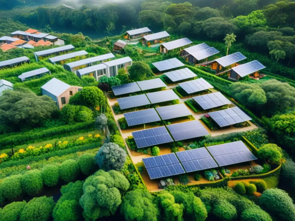 Un paraíso ecológico con paneles solares, sistemas de recolección de agua y jardines comunitarios