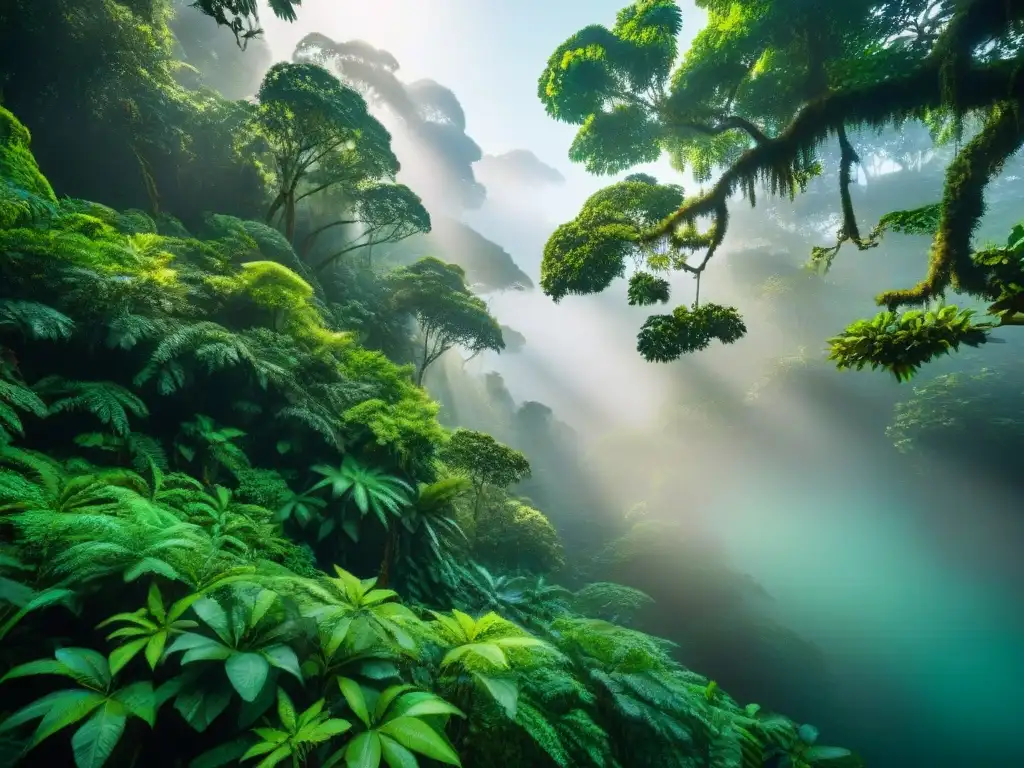 Un paraíso verde en un tour ecológico, con hojas vibrantes bajo el sol, mostrando la biodiversidad de una escapada verde