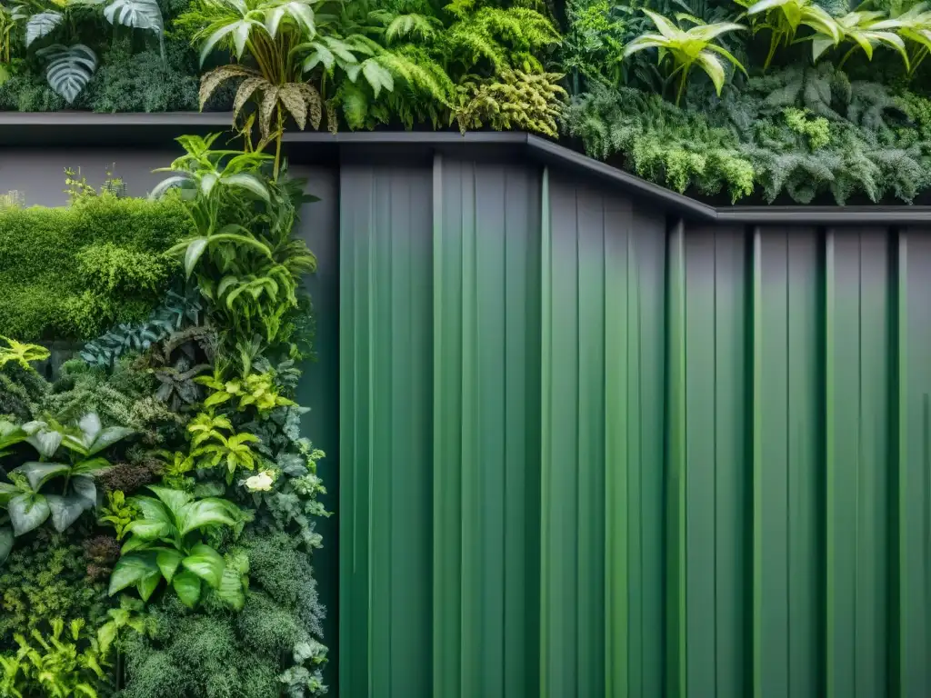 Una pared verde vibrante y detallada en un jardín urbano moderno, muestra una variedad de plantas exuberantes en una estructura sostenible