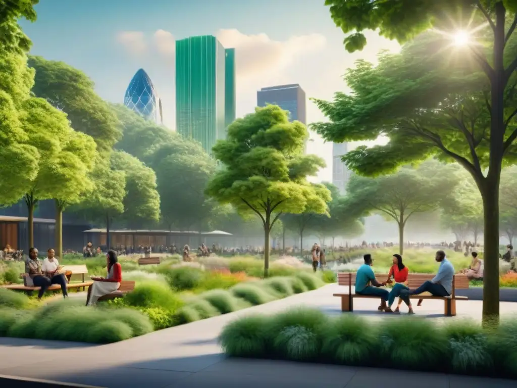 Parque urbano: naturaleza en la ciudad Un parque verde en medio de la ciudad con residentes disfrutando