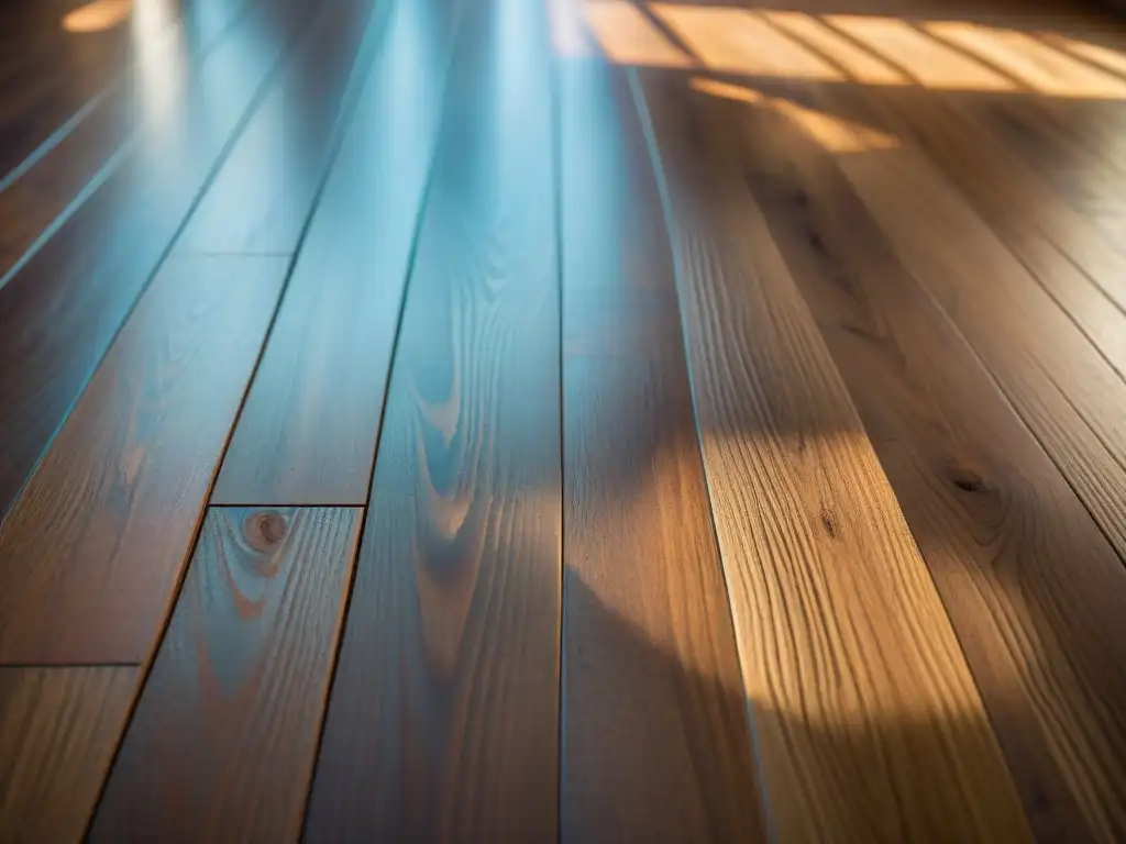 Pavimentos ecológicos sostenibles tendencias: Detalles naturales y textura de suelo de madera reciclada, iluminados por la luz solar