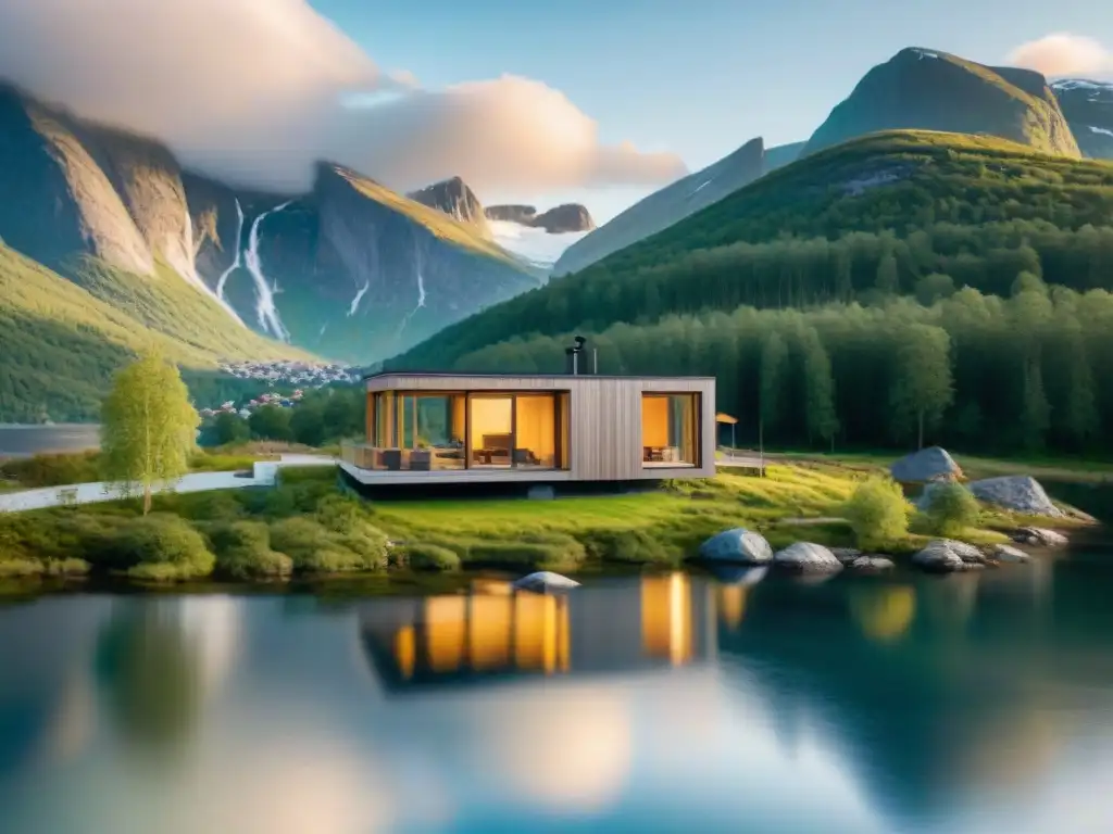 Casa ecológica en paisajes de Noruega Pequeña casa sostenible en Noruega con diseño moderno, tejado verde y paneles solares, integrada en paisaje natural