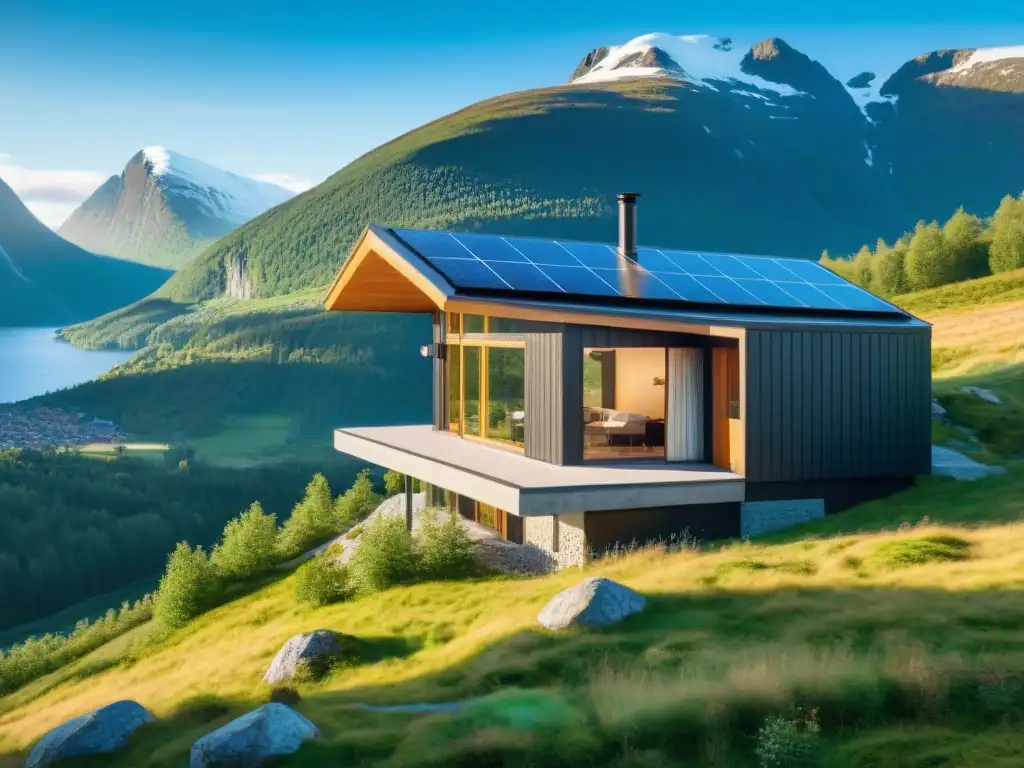 Casa sostenible en paisaje noruego: armonía con la naturaleza Pequeña casa sostenible en Noruega, integrada en paisaje natural con paneles solares y tejados verdes