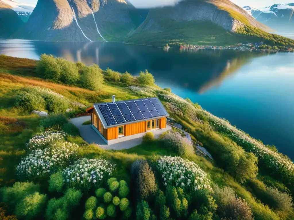 Casa sostenible en paisaje noruego: armonía natural y arquitectónica Pequeña casa sostenible en Noruega con techo verde y paneles solares, rodeada de naturaleza exuberante