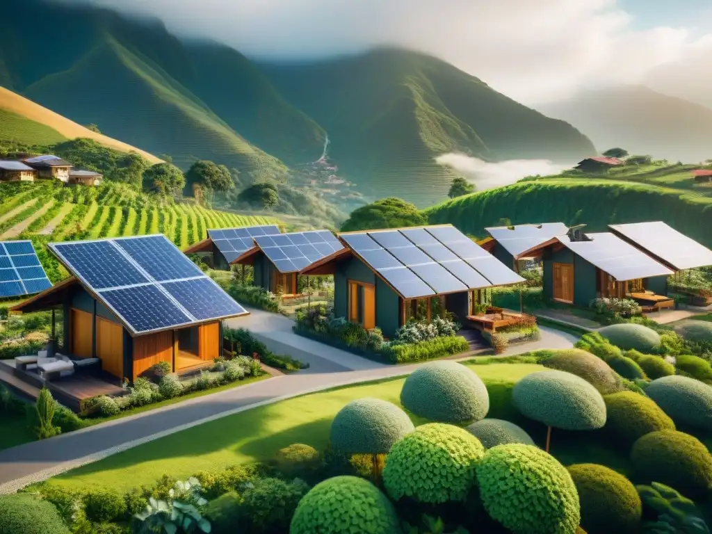 Ecocomunidad sostenible: armonía entre arquitectura y naturaleza Pequeñas comunidades sostenibles liderando una armoniosa fusión entre arquitectura y naturaleza en un valle verde