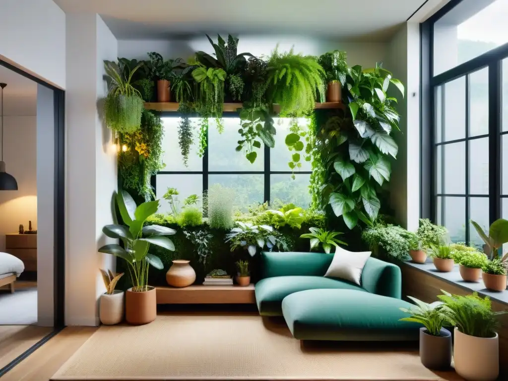 Pequeño apartamento con diseño biofílico, oasis verde de luz natural, plantas colgantes y jardín vertical, transmitiendo tranquilidad