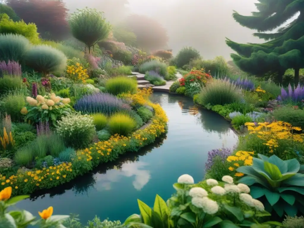 Un jardín de permacultura exuberante con flores vibrantes, hortalizas y vida acuática diversa