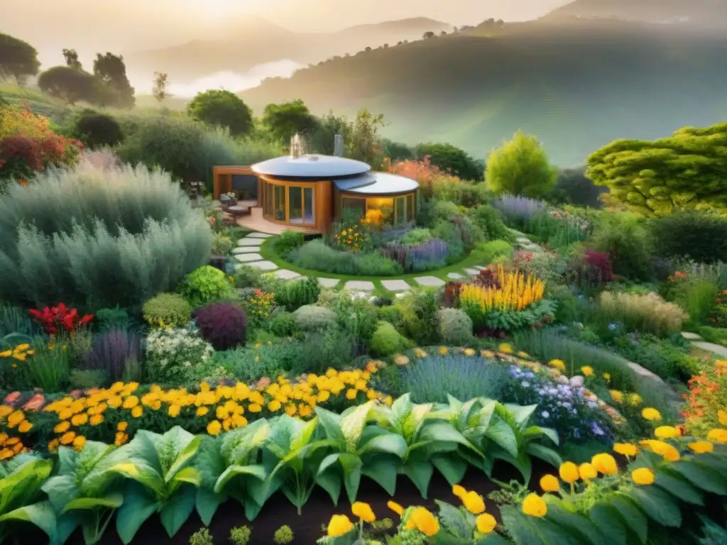 Un jardín de permacultura exuberante, lleno de frutas y verduras coloridas, con flores en flor