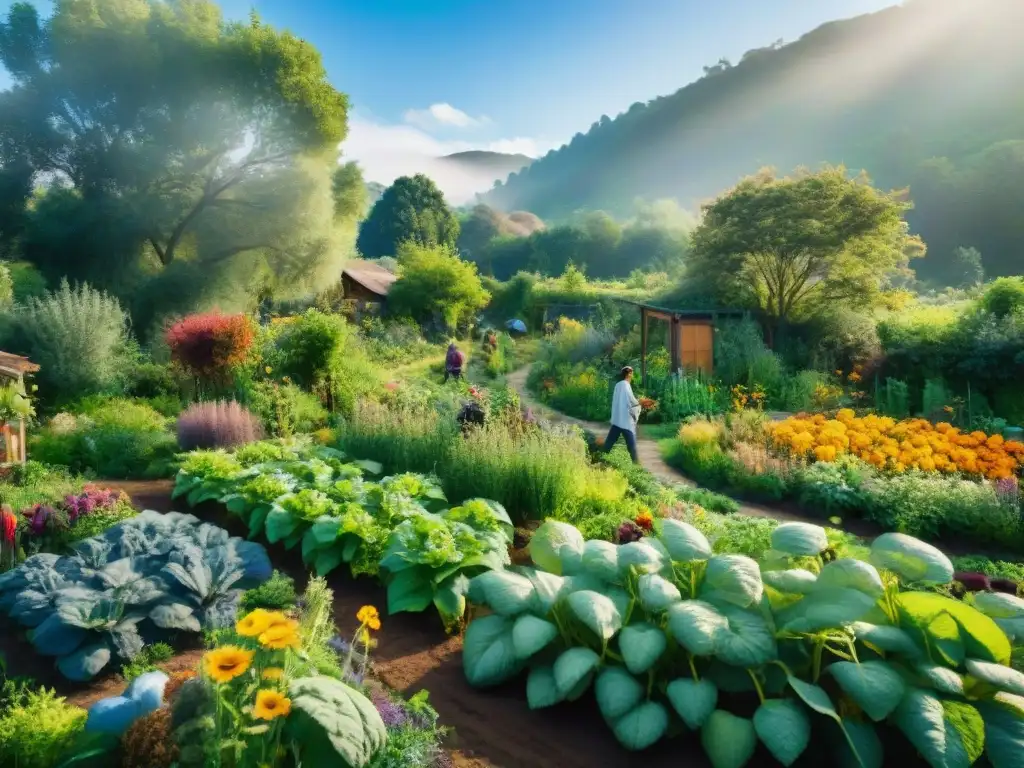 Un jardín de permacultura vibrante y exuberante alimenta al planeta con frutas, verduras y flores en armonía